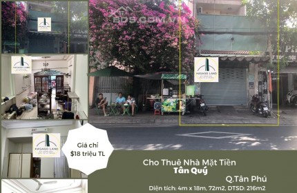 Cho thuê Nhà Mặt Tiền Tân Quý 72m2, 2Lầu, 18 triệu